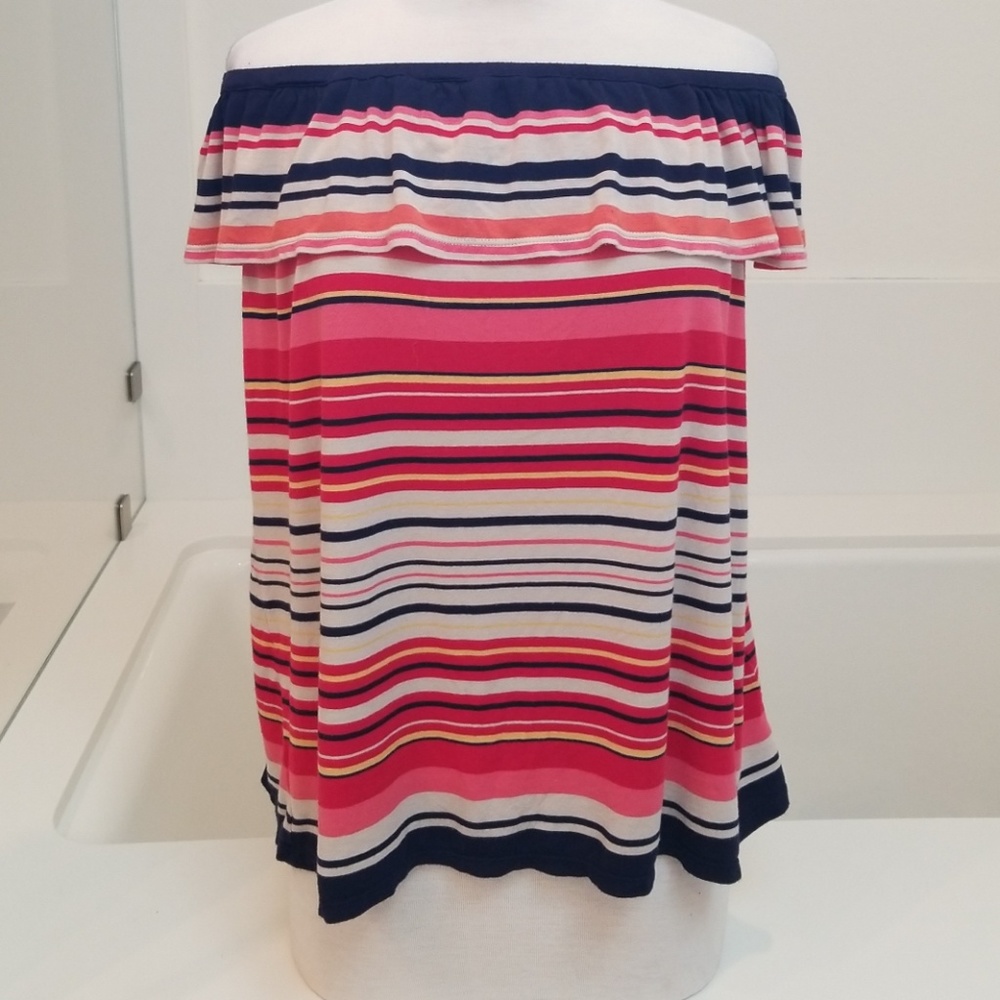 Max Studio striped medium open shoulder top